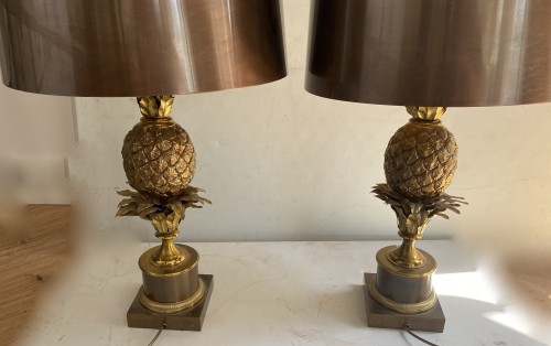 Antiquités - 1950/70 Charles - Pair Of Bronze Pineapple Lamps, Brass Lampshade