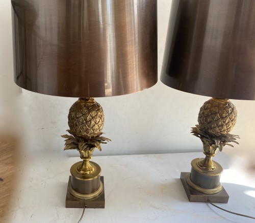 Antiquités - 1950/70 Charles - Pair Of Bronze Pineapple Lamps, Brass Lampshade