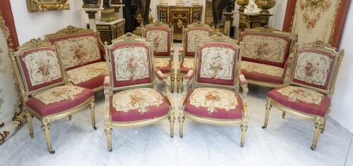 Salon complet de 8 pièces et 4 tentures murales, tapisserie d’Aubusson, circa 1870 - Sièges Style Napoléon III