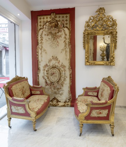 Antiquités - Salon complet de 8 pièces et 4 tentures murales, tapisserie d’Aubusson, circa 1870