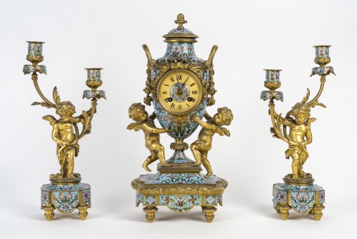 Horology  - cloisonné enamel three-piece clock garniture, Circa 1860