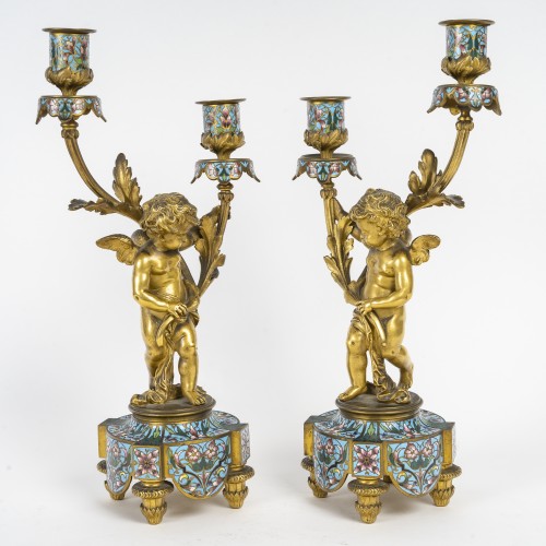 Antiquités - cloisonné enamel three-piece clock garniture, Circa 1860