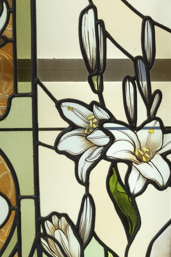 Art nouveau - Vitrail Art Nouveau, Femme aux Lys, Circa 1900