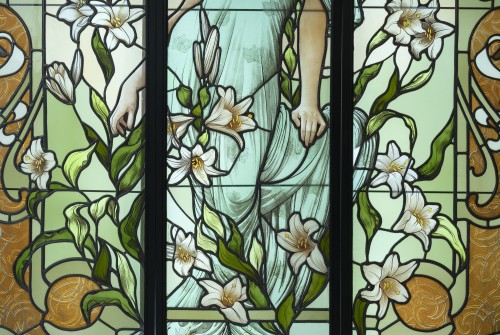 Art nouveau - Art Nouveau Stained Glass Window, Woman With Lilies