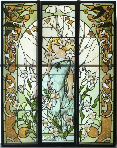 Antiquités - Art Nouveau Stained Glass Window, Woman With Lilies