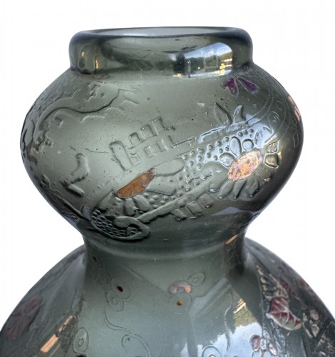 Art nouveau - Désiré Christian - Vase à la frise fleurie Verrerie d'Art de Lorraine Burgun, Schvere