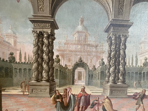 Scène dans un palais avec des personnages, Espagne début du 18e siècle - AJ Antiquités