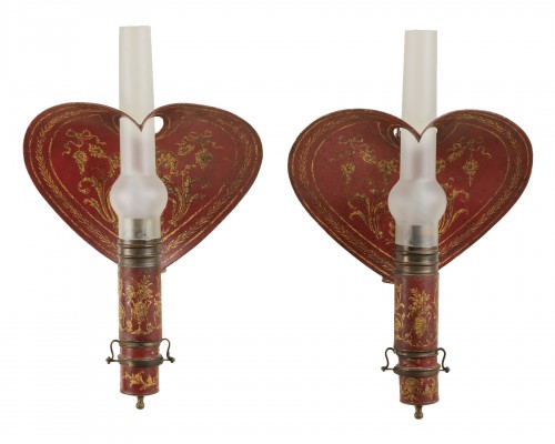 Pair of red painted tole wall sconces 