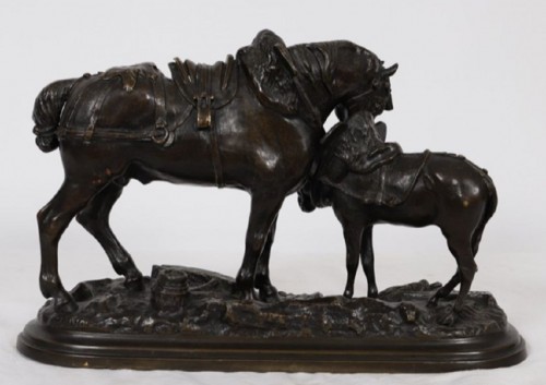 Sculpture Sculpture en Bronze - Pierre Lenordez (1815-1892) - Cheval de trait et mulet