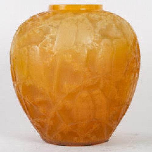 René Lalique, 1919 - Vase "Perruches » Butterscotch. - Verrerie, Cristallerie Style Art Déco