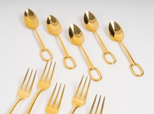 silverware & tableware  - Hermès - 25-piece gold-plated metal dessert set “Grand Attelage”