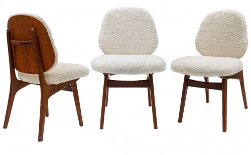 Set of six Danish teak chairs covered with bouclé sheepskin fabric