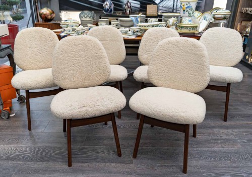 Ensemble de six chaises danoises en teck recouvertes de tissu en mouton bouclé - Sièges Style Années 50-60