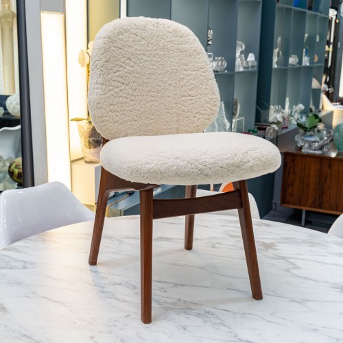 Seating  - Set of six Danish teak chairs covered with bouclé sheepskin fabric