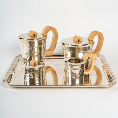 Jean Puiforcat Tea-Coffee service in solid silver and its metal tray - Antique Silver Style 