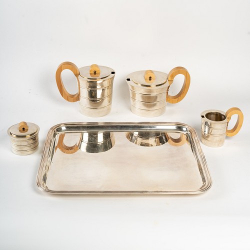 Antique Silver  - Jean Puiforcat Tea-Coffee service in solid silver and its metal tray