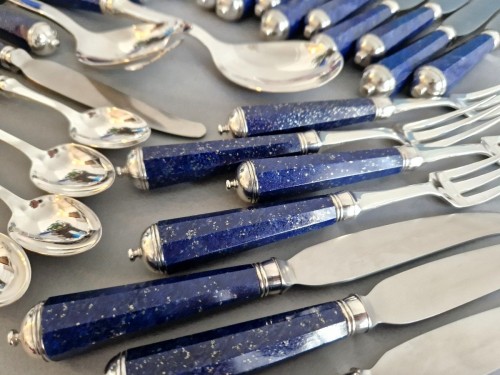 Antiquités - Peter Paris - Ménagère de 51 pièces en argent massif et lapis lazuli