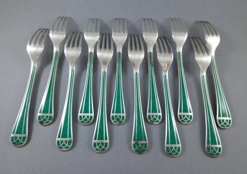 Antiquités - Christofle  - Ménagère Talisman de 61 pièces en métal argenté et laque de Chine verte
