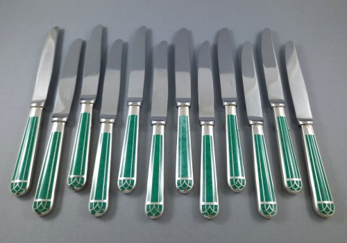 Antiquités - Christofle  - Ménagère Talisman de 61 pièces en métal argenté et laque de Chine verte