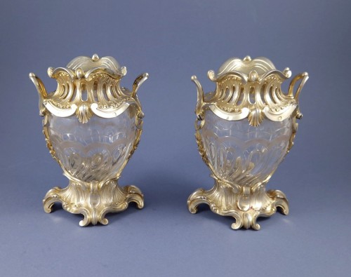 Aucoc - Pair Of Crystal And Sterling Silver Gilt Vases - silverware & tableware Style 