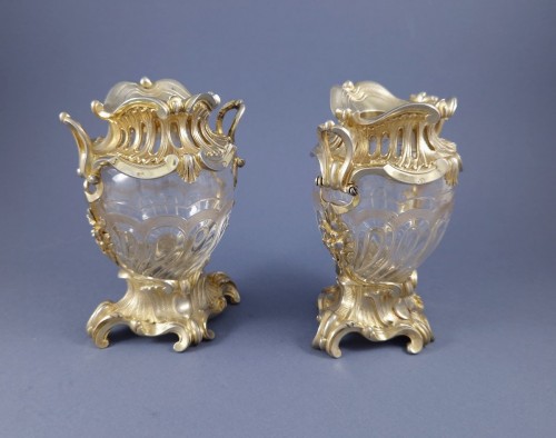 Aucoc - Pair Of Crystal And Sterling Silver Gilt Vases - 