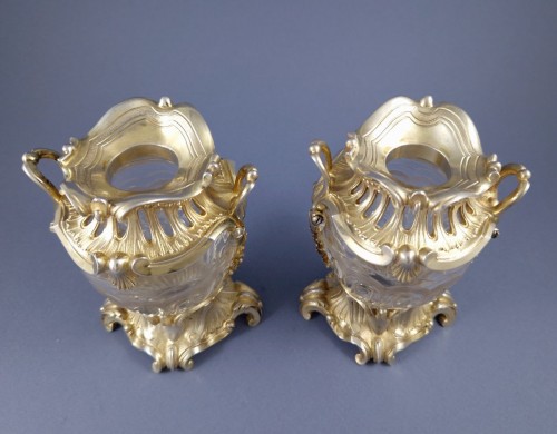Aucoc - Pair Of Crystal And Sterling Silver Gilt Vases - 