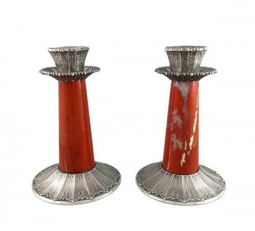 Buccellati - Pair Of Red Jasper And Sterling Silver Candlesticks