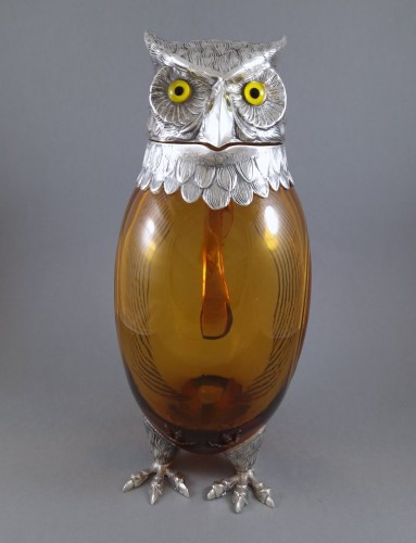 20th century - Sterling Silver and glass owl jug