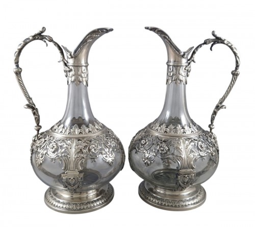 Charles Mérite - Pair Of Crystal And Sterling Silver Ewers