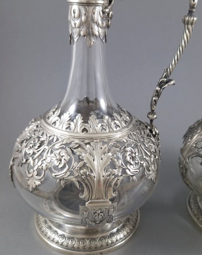 Antiquités - Charles Mérite - Pair Of Crystal And Sterling Silver Ewers
