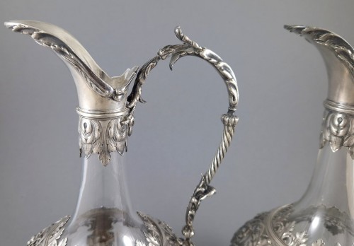 Antiquités - Charles Mérite - Pair Of Crystal And Sterling Silver Ewers