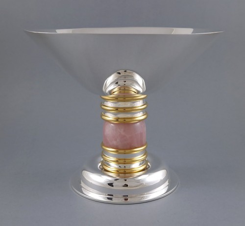 XXe siècle - Jean E Puiforcat - Coupe en argent massif, vermeil et quartz rose