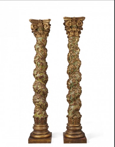 Paire de colonnes torchon en bois sculpté - Matériaux & Architecture Style Louis XIV