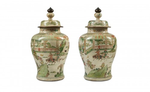 Pair of large painted wood potiches 