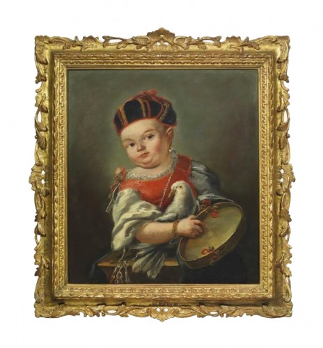 Jeune fille au tambourin et perroquet, Ecole vénitienne du XVIIIe siècle