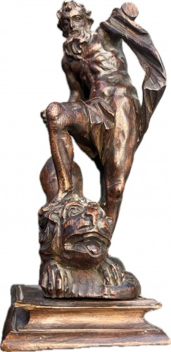 Sculpture Sculpture en Bois - Hercule et le lion, ensemble de trois sculptures en bois fruitier