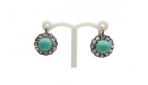 Boucles d'oreilles Napoléon III en diamants et turquoises