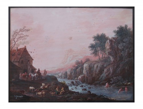 Bucolic landscape, 18th century gouache by Jean Baptiste Lallemand