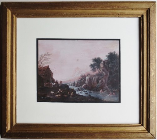 Bucolic landscape, 18th century gouache by Jean Baptiste Lallemand - Paintings & Drawings Style 