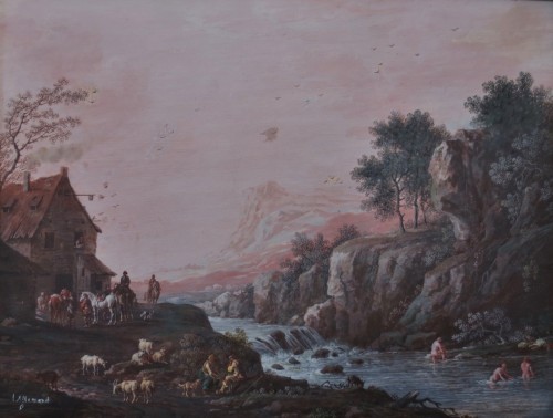 Paysage bucolique animé, gouache de Jean Baptiste Lallemand - Anne Besnard