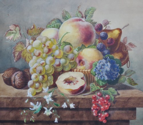 Nature morte aux fruits, gouache XIXe siècle - Tableaux et dessins Style 
