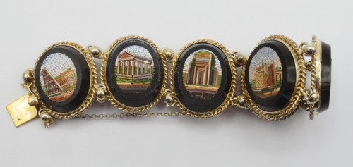 Antiquités - Bracelet en micro mosaïque et onyx noir monté en Vermeil