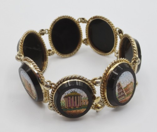 Antiquités - Bracelet en micro mosaïque et onyx noir monté en Vermeil