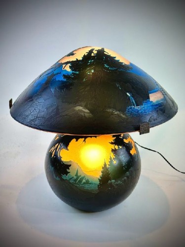 Muller Frères Lunéville Lampe Champignon "Paysage Vosgien" - Luminaires Style Art Déco