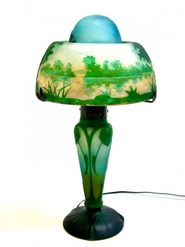 Daum - Lampe champignon "Paysage Lacustre" - Antiquités Art Nouveau