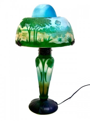 XXe siècle - Daum - Lampe champignon "Paysage Lacustre"