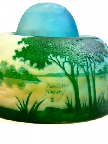 Antiquités - Daum - Lampe champignon "Paysage Lacustre"