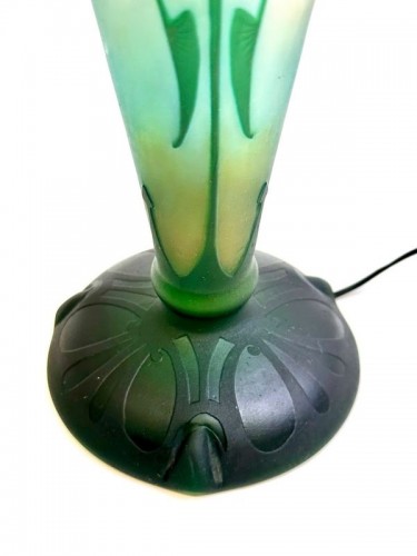 Antiquités - Daum - Lampe champignon "Paysage Lacustre"