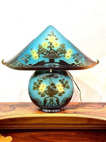Antiquités - Emile Gallé - Lampe champignon Art Nouveau "Pagode"
