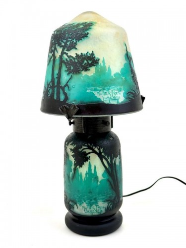 Muller Frères Lunéville - Lampe Champignon "Paysage Lacustre" - Luminaires Style Art Déco